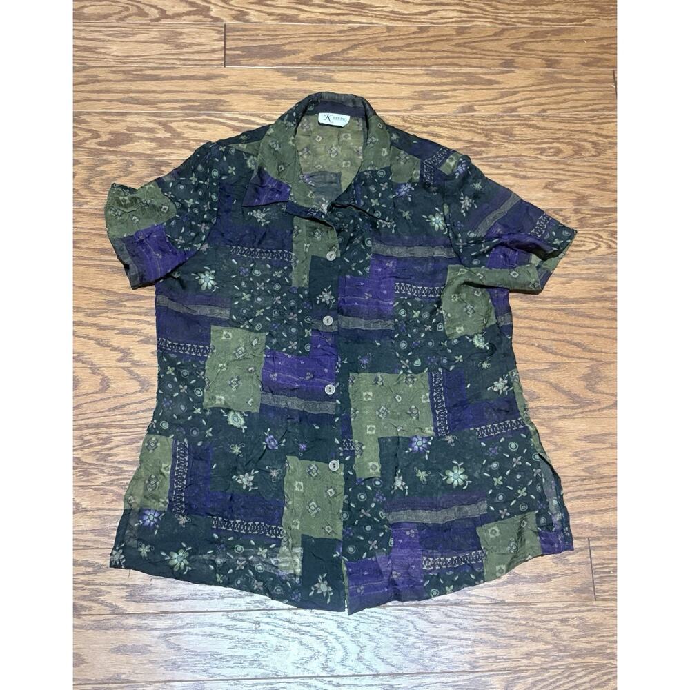 Vtg K Studio Women's Green Floral Patchwork SS Button Up Chiffon Blouse, Sz 14